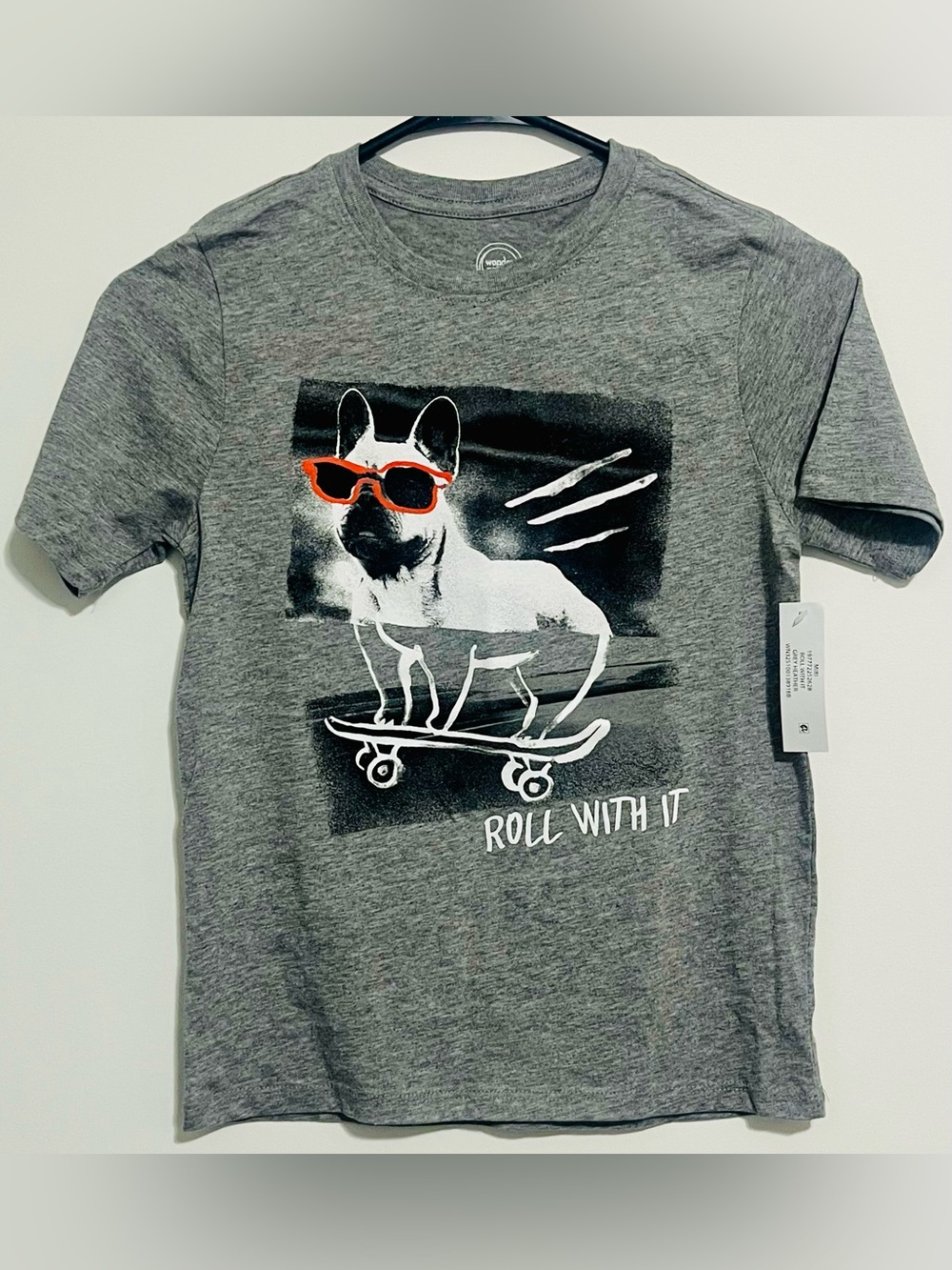 wonder nation Grey Tee with Skateboarding Dog Graphic and Orange Sunglasses